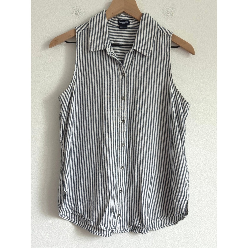 Splendid Sleeveless Button Down S Navy White Striped Linen Blend Nautical Top